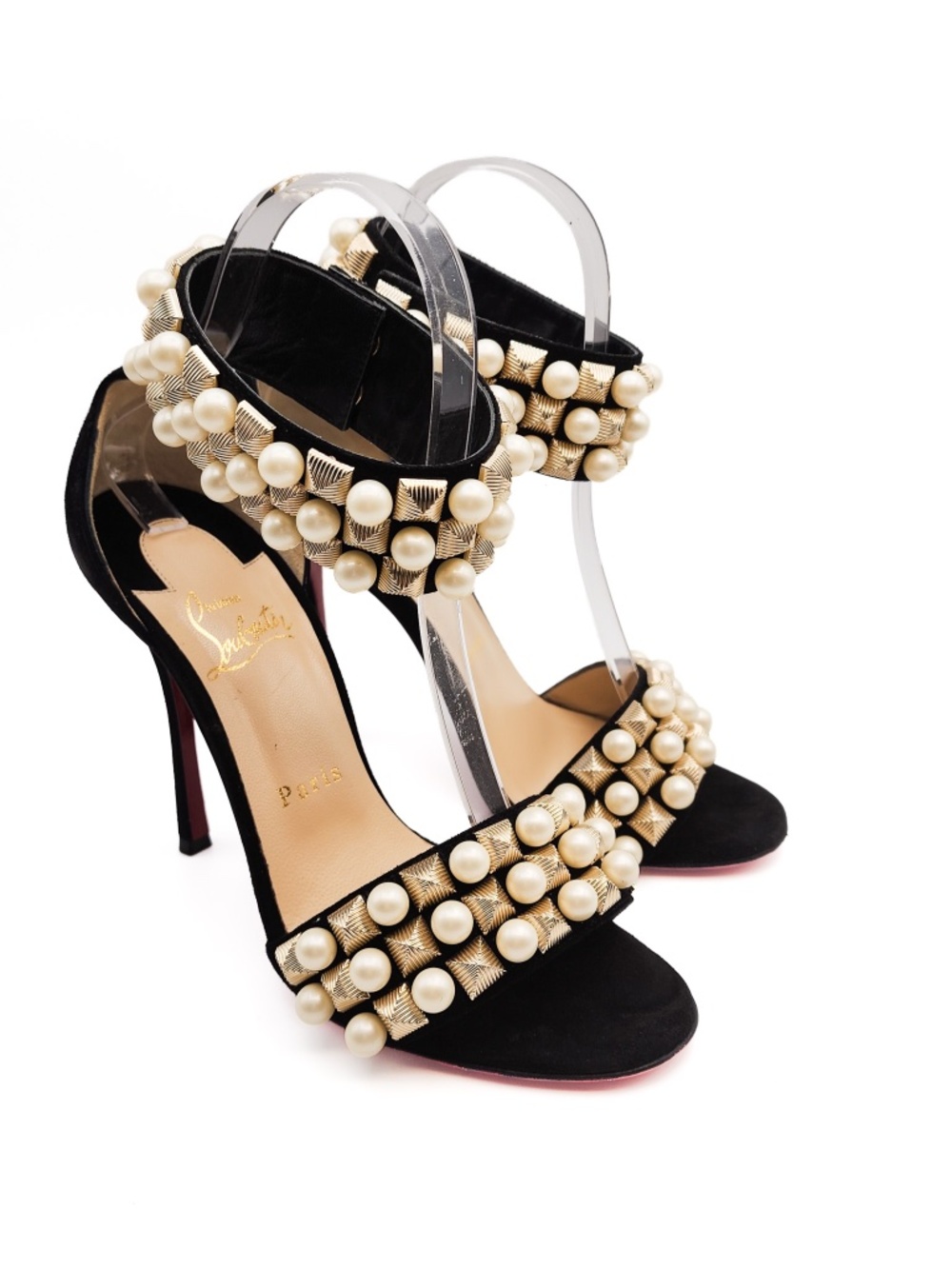 Christian Louboutin Bali 100 Pearl Studded Ankle Strap Suede Heels EU 37